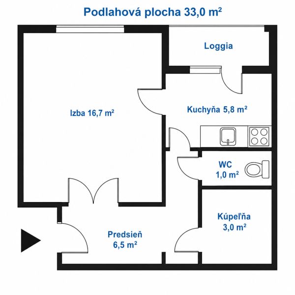 | 1 - izbový byt na ul. Hany Meličkovej, Dlhé diely, BA IV - Pôdorys 1-izbového bytu s loggiou, kuchyňou, kúpeľňou a predsieňou.