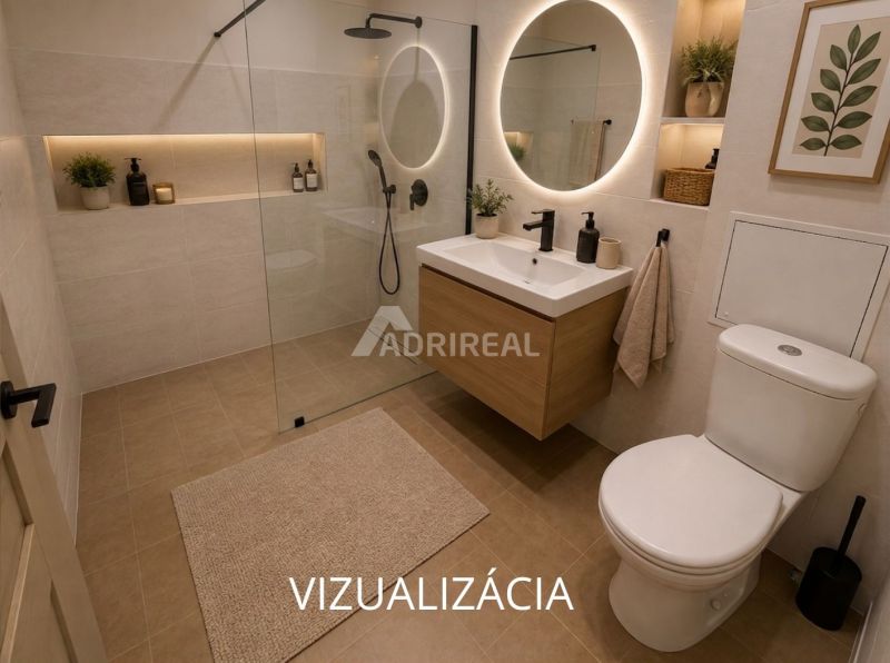 PREDAJ: 2i byt; 65 m2; CENTRUM - KRUPINA; 84.500 €  - Moderná kúpeľňa s drevom, sprchovým kútom, osvetleným zrkadlom a dekoratívnymi prvkami v 2-izbovom byte.