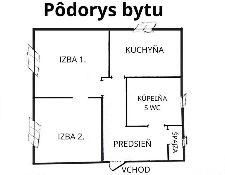 PREDAJ: 2i byt; 65 m2; CENTRUM - KRUPINA; 84.500 €  - Pôdorys 2-izbového bytu: izby, kuchyňa, kúpeľňa s WC a špajza.