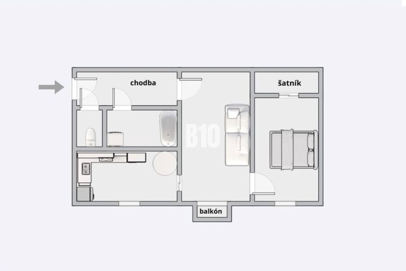 2-izbový byt s balkónom a klimatizáciou | Štúrova, Nitra - Pôdorys zobrazuje usporiadanie izieb, vrátane šatníka a balkóna v 2-izbovom byte.