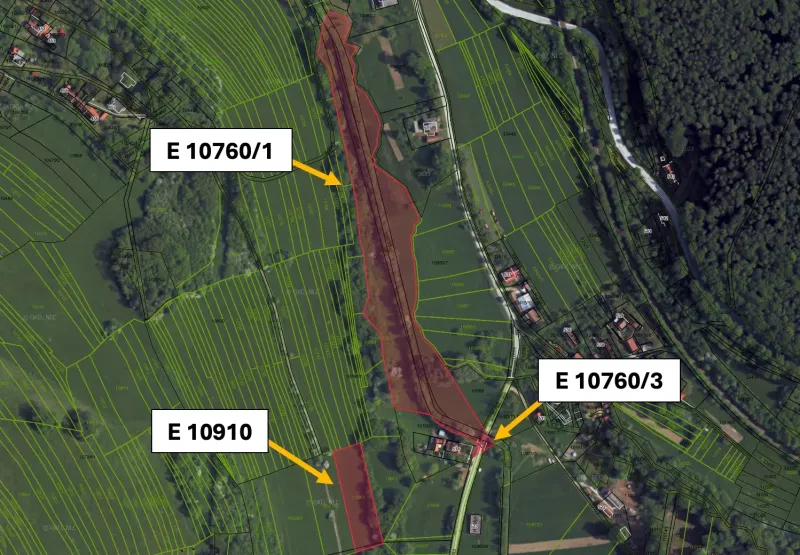 Vrbovce – 1.566 m2 INVESTIČNÉ pozemky – Predaj - Letecká mapa v katastrálnej oblasti Vrbovce, zobrazuje parcelné čísla zvláštnych nehnuteľností.