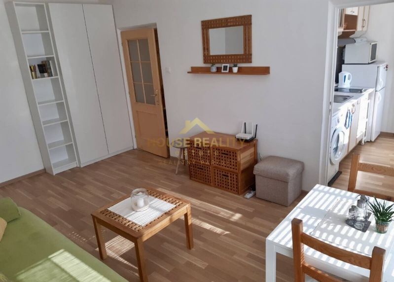 Prenájom 1 izbový byt, ulica Donnerova, Bratislava IV. Karlova Ves - Obývacia izba s podlahou s dreveným dekorom, sedačkou a vstavanou skriňou v 1-izbovom byte.