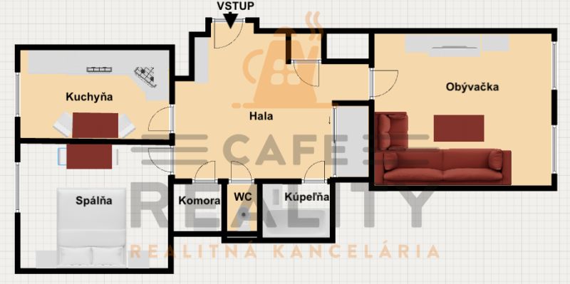 Na prenájom 2 izbový byt, 65 m2, Bratislava, centrum, Vajanského nábr. - Pôdorys 2-izbového bytu s kuchyňou, obývačkou, spálňou, halou a kúpeľňou.
