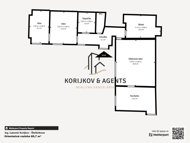 PREDAJ, 3 izbový byt na Štefánikovej ulici, Staré Mesto, Košice - Pôdorys 3-izbového bytu s rozlohou 85,7 m² a miestnosťami zahrňujúcimi obývaciu izbu, kuchyňu, izby, kúpeľňu, WC a sklad.