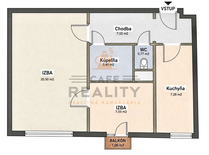 Na predaj 2 izbový byt, 47 m2, Bratislava, Nové Mesto, Piešťanská ul. - Pôdorys 2-izbového bytu s kúpeľňou, kuchyňou, balkónom a chodbou.