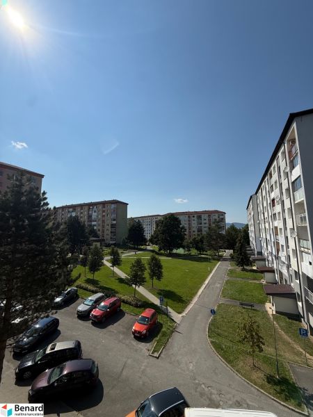 Novo prerobený 3-izbový byt na prenájom v Starej Ľubovni - Pohľad na sídlisko s parkoviskom, stromami a bytovými domami na Mierovej ulici v Starej Ľubovni.