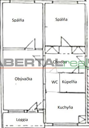 PRENÁJOM 3-izb.byt /loggia/ klíma/ Dudvážska–BA Podunajské Biskupice - Pôdorys 3-izbového bytu s loggiou, kuchyňou, spálňou, obývačkou a kúpeľňou.