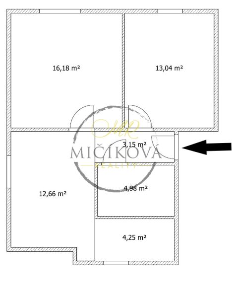 Na predaj 2 izbový byt 54 m2 po rekonštrukcii + záhrada, obec Telince - Pôdorys 2-izbového bytu s presnými rozmermi izieb a označením vstupu.