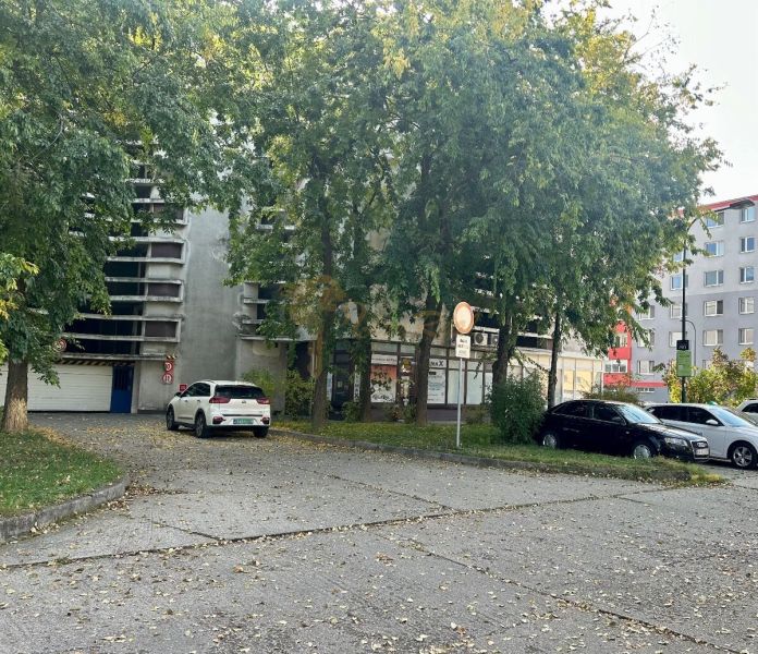 Nadštandardne veľká garáž na ul. Medveďovej, Petržalka - Parkovisko pri garážach na Medveďovej v Bratislave-Petržalke, s autami a stromami.