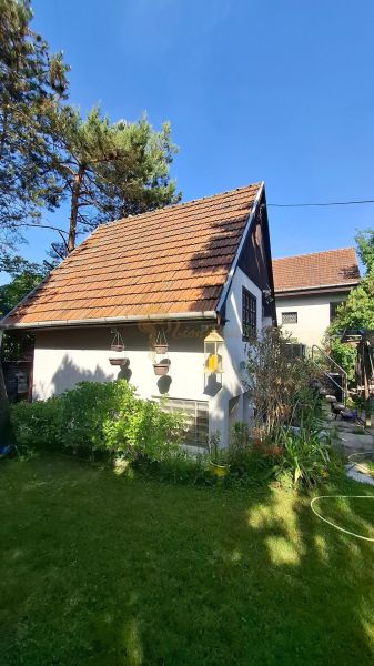 Záhradná chata so záhradou, Devínska cesta, Devín - Chata v Bratislave - Devíne obklopená zeleňou a stromami s šikmou strechou.