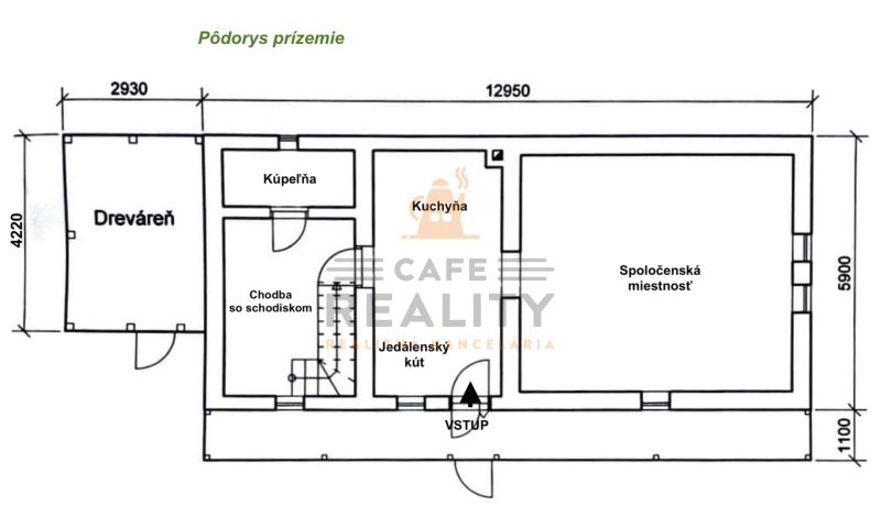 Na predaj chalupa, pozemok 1891 m2, obec Šumiac, okr. Brezno - Pôdorys rodinného domu so spoločenskou miestnosťou, kuchyňou, kúpeľňou a drevárňou.
