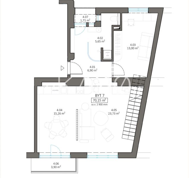 Výnimočné bývanie - Mezonet v úplnom centre Nitry  - Pôdorys 5 a viac izbového bytu s rozlohou 70,15 m².