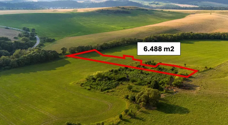 Liptovský Trnovec – 6.488 m2 POZEMOK na MOBILNÝ dom - Lúka so zvýrazneným pozemkom v Liptovskom Trnovci medzi Zvláštnymi nehnuteľnosťami, prírodná krajina, kopce.