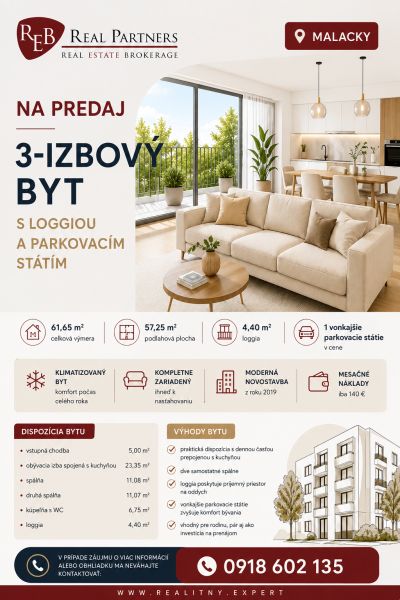 Na predaj 3 izbový byt Malacky  - Ponuka 3-izbového bytu v Malackách s loggiou a parkovaním, celková plocha 61,65 m².