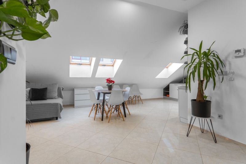I Exkluzívny penthouse s terasou v absolútnom centre mesta - Podkrovný interiér 2-izbového bytu s jedálenským stolom, stoličkami a rastlinami.