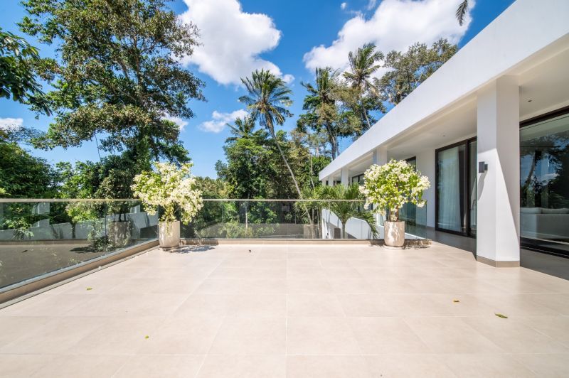 I Na predaj Luxusná vila „Tomma“ v Ubud, Bali - Terasa vily na Bali s výhľadom na palmy a modrú oblohu.