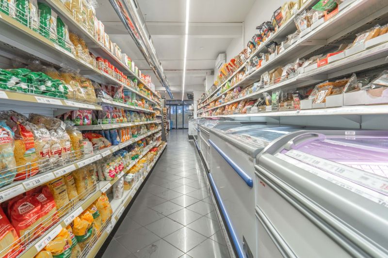 ZNÍŽENÁ CENA! I Predaj komerčného priestoru na ul. Obchodna - Regály plné potravín v obchodných priestoroch supermarketu, kde sú prezerať chladiace boxy.