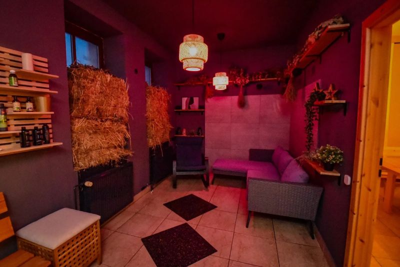 I Dom s wellness, bazénom a hotovým biznis potenciálom - Pohodlné posedenie v rodinnom dome s fialovými stenami a dekoráciou zo slamy.