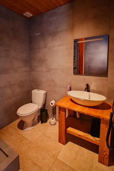I Dom s wellness, bazénom a hotovým biznis potenciálom - Kúpeľňa v rodinnom dome s toaletou, umývadlom a zrkadlom na kamenných stenách.