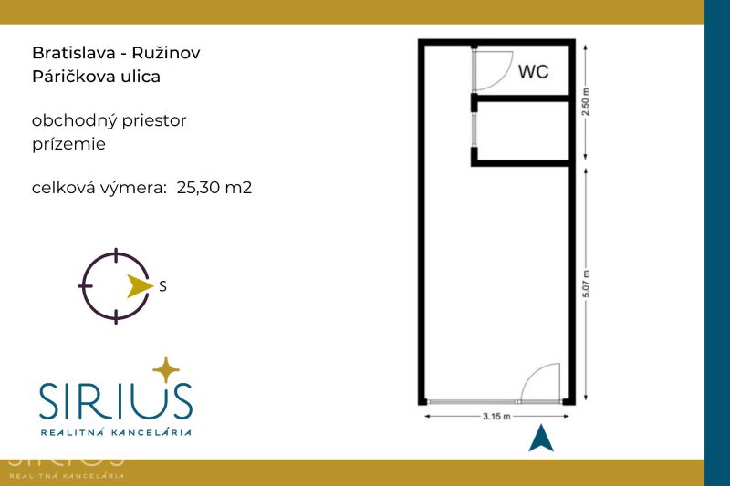 PÁRIČKOVA, obchodný priestor, 25 m2 – atraktívna lokalita NIVY - Pôdorys obchodného priestoru na Páričkovej ulici v Bratislave o výmere 25,30 m².