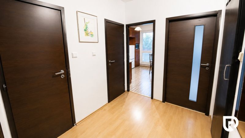 Na prenájom priestranný 2-izbový byt s loggiou | Žilina – Hájik - Chodba 2-izbového bytu s podlahou s dreveným dekorom a tromi tmavými dverami.