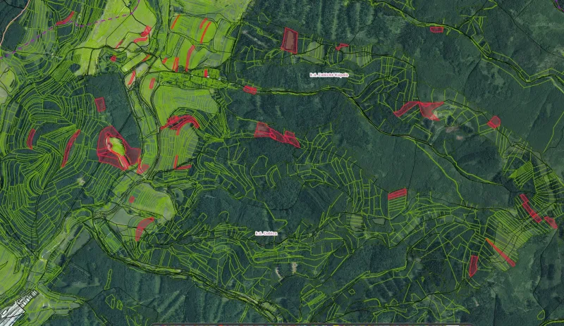 Ľubické kúpele, Ľubica – 3.373 m2 LESY a ORNÁ pôda - Predaj - Mapa poľnohospodárskych a lesných pozemkov v okolí Ľubice s farebnými označeniami.