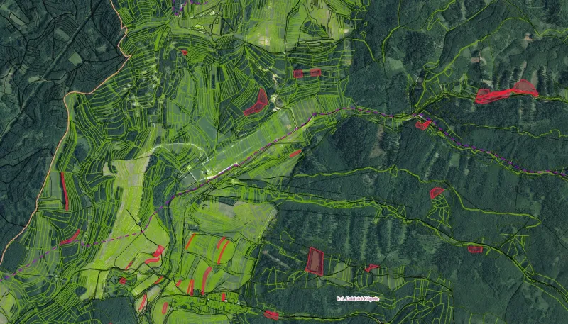 Ľubické kúpele, Ľubica – 3.373 m2 LESY a ORNÁ pôda - Predaj - Satelitná mapa poľnohospodárskych a lesných pozemkov v oblasti Ľubica.