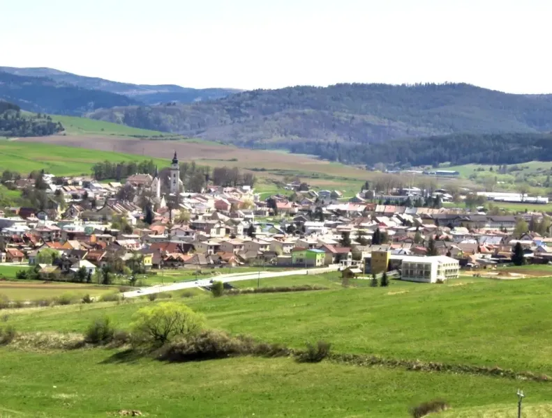 Ľubické kúpele, Ľubica – 3.373 m2 LESY a ORNÁ pôda - Predaj - Ľubica obklopená poľnohospodárskymi a lesnými pozemkami s kopcami v pozadí.