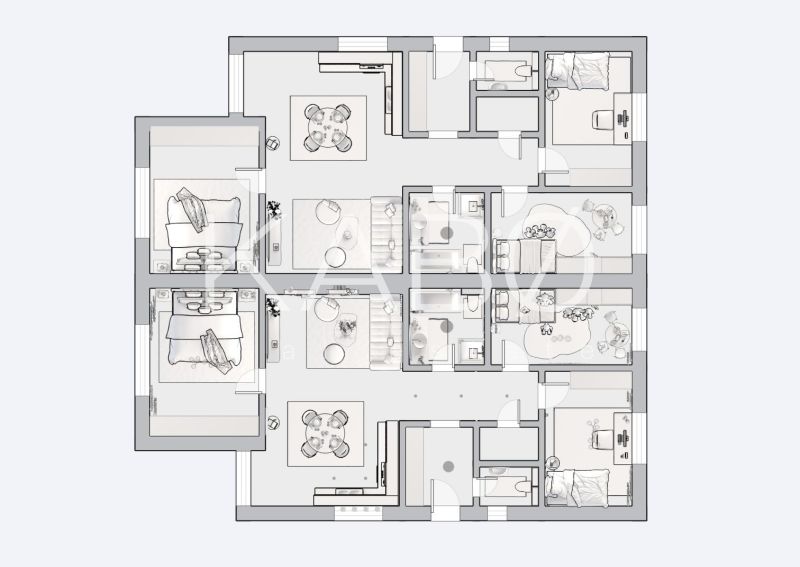 Posledný Voľný - Moderný 4-izbový rodinný dom s terasou a záhradou - Pôdorys rodinného domu so štyrmi spálňami, kuchyňou a obývacou izbou.