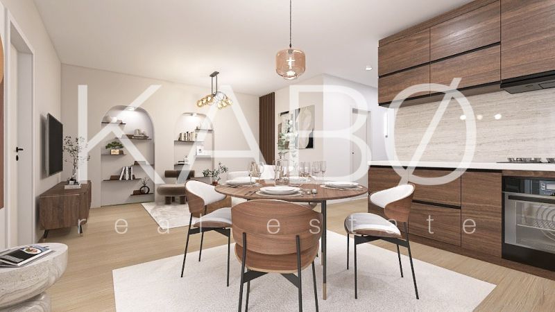 Posledný Voľný - Moderný 4-izbový rodinný dom s terasou a záhradou - Jedálenský kút v rodinnom dome s podlahou s dreveným dekorom a štýlovým osvetlením.