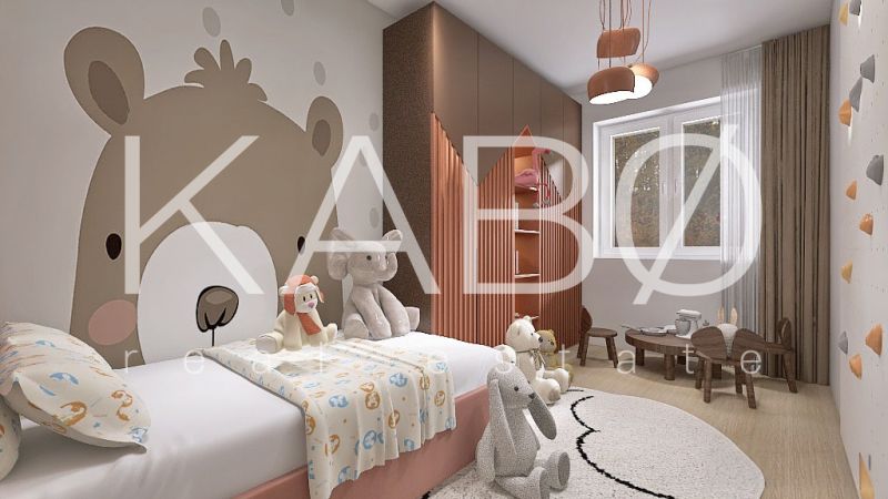 Posledný Voľný - Moderný 4-izbový rodinný dom s terasou a záhradou - Detská izba v rodinnom dome s plyšovými hračkami, nábytkom a podlahou s dreveným dekorom.