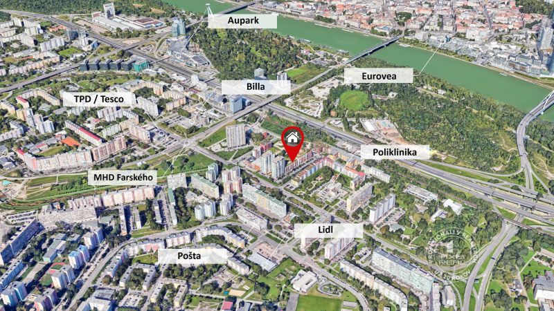 UZAMYKATEĽNÁ GARÁŽ 20m2 v NOVOSTAVBE Vodotika, Lužná ul. - Letecký pohľad na 2-izbový byt v Bratislave - Petržalke na Lužnej ulici.