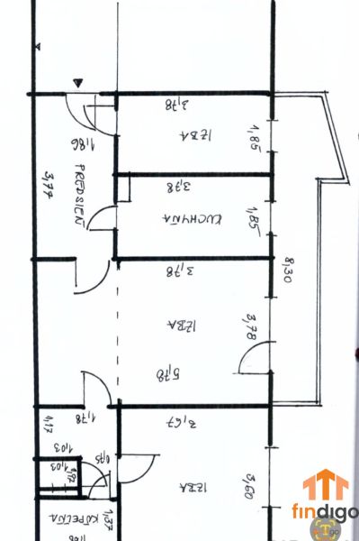 PRENÁJOM - 3-izbový svetlý byt - Teplická ulica, Bratislava - Pôdorys 3-izbového bytu s predsieňou, kuchyňou a dvomi izbami.