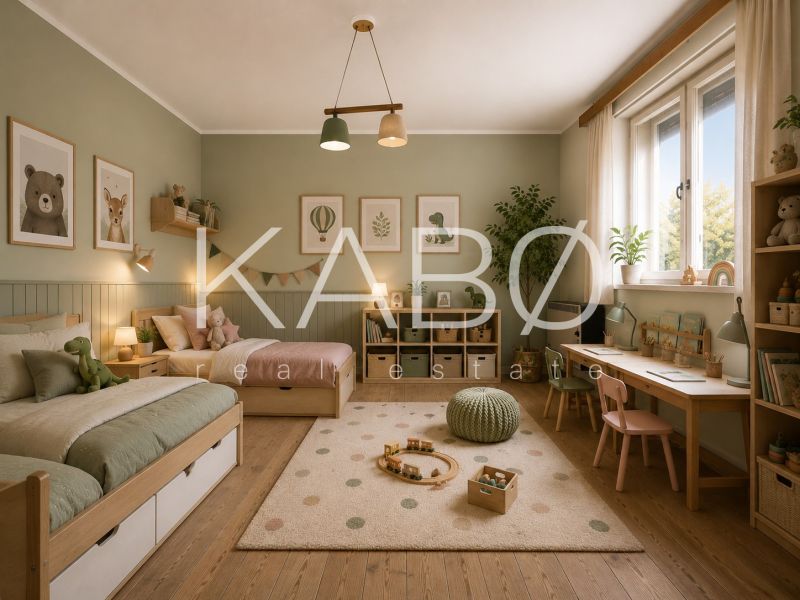 3 izbový Rodinný dom v Cabaj-Čápore s pozemkom 1 053 m² - Detská izba v rodinnom dome s podlahou s dreveným dekorom a hracími prvkami.