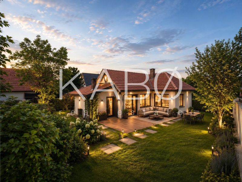 3 izbový Rodinný dom v Cabaj-Čápore s pozemkom 1 053 m² - Rodinný dom v Cabaji-Čápore s terasou a záhradou, jemne osvetlený pri západe slnka.