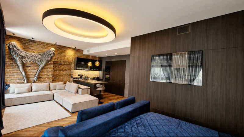 Diamant medzi apartmánmi v srdci Starého mesta - Izba zdobená tehlou, pohovkou a moderným osvetlením, doplnená podlahou s dreveným dekorom.