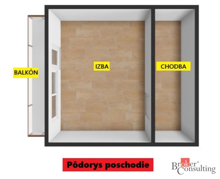 NA PRENÁJOM: 2-izbový byt v rodinnom dome s parkovaním – SNV - Pôdorys 2-izbového bytu s balkónom a podlahou s dreveným dekorom.
