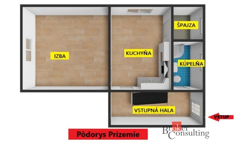 NA PRENÁJOM: 2-izbový byt v rodinnom dome s parkovaním – SNV - Pôdorys 2-izbového bytu s podlahou s dreveným dekorom, zahŕňa izbu, kuchyňu a kúpeľňu.
