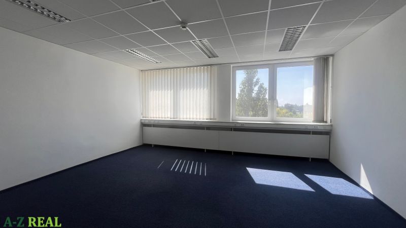 Prenájom kancelárskych priestorov  Drieňová ul., 209 m2 - 600 m2 - Kancelária s tmavým kobercom, bielymi stenami a veľkým oknom.