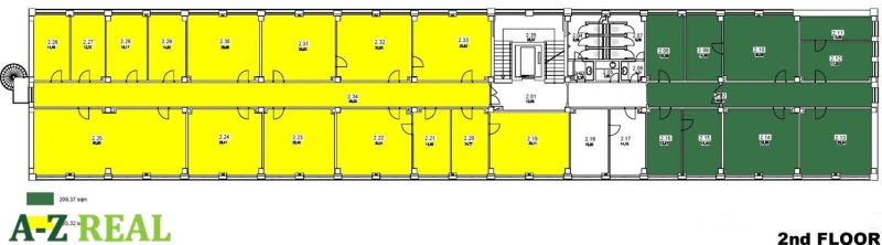 Prenájom kancelárskych priestorov  Drieňová ul., 209 m2 - 600 m2 - Pôdorys kancelárií na druhom poschodí s označením rôznych miestností a ich veľkostí.