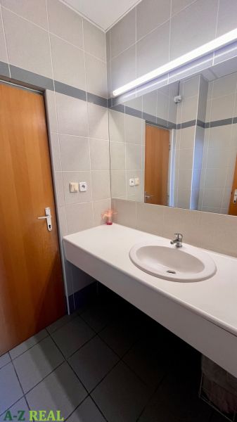 Prenájom kancelárskych priestorov  Drieňová ul., 209 m2 - 600 m2 - Kúpeľňa s umývadlom, zrkadlom a drevenými dverami v kancelárii.