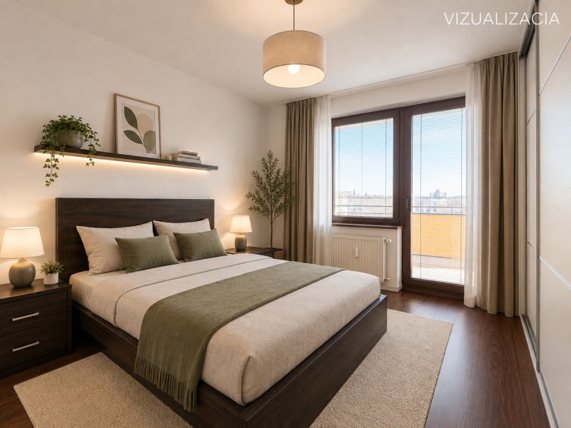NOVINKA!!! Priestranný 3-izbový byt, 72 m² | Karpatská, Sásová - Spálňa v 3-izbovom byte s podlahou s dreveným dekorom, veľkou posteľou a oknom na balkón.