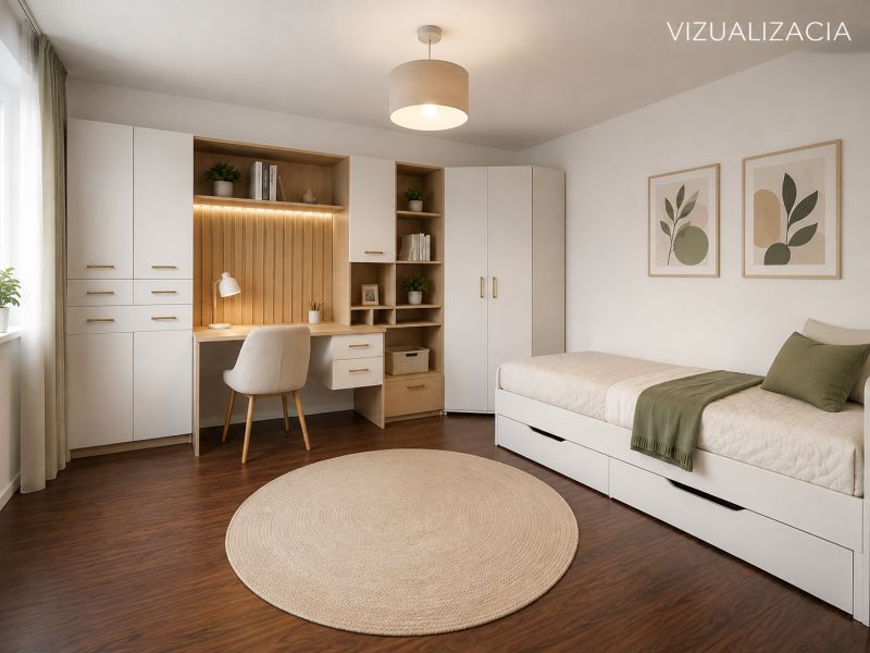NOVINKA!!! Priestranný 3-izbový byt, 72 m² | Karpatská, Sásová - Izba v 3-izbovom byte so zabudovaným stolom, úložnými priestormi a podlahou s dreveným dekorom.