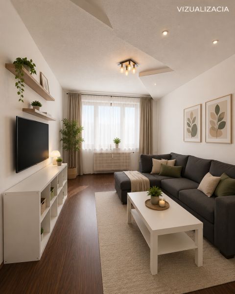 NOVINKA!!! Priestranný 3-izbový byt, 72 m² | Karpatská, Sásová - Obývačka v 3-izbovom byte s podlahou s dreveným dekorom, šedou sedačkou a bielym nábytkom.