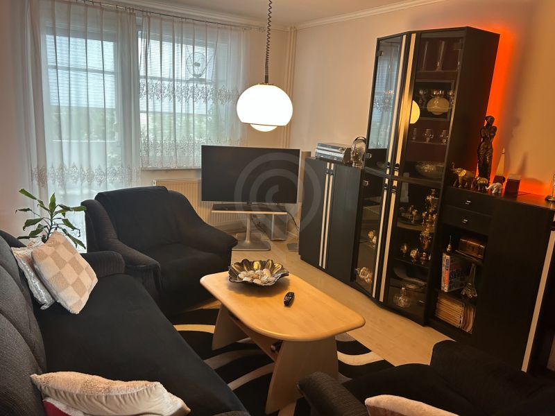 NA PREDAJ PRIESTRANNÝ 3-IZBOVÝ BYT | 67 m² | LODŽIA | 4. POSCHODIE - Obývacia izba v 3-izbovom byte s pohodlným posedením a stojatou lampou.