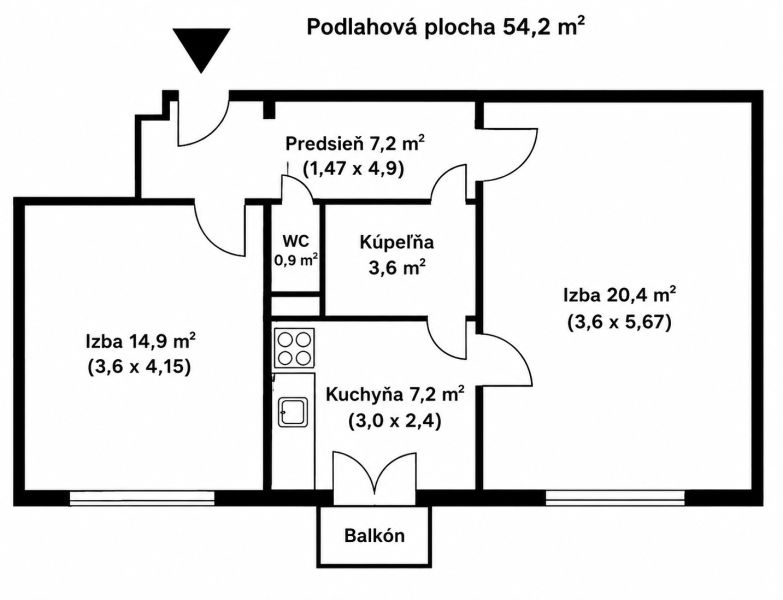 I PREDAJ 2-IZBOVÝ BYT S KLIMATIZÁCIOU A BALKÓNOM I RUŽINOV - Pôdorys 2-izbového bytu s plochou 54,2 m², balkónom a kuchyňou.