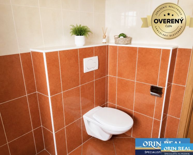 Krásny priestranný klimatizovaný 1izbový byt s terasou 66m2 - Kúpeľňa s oranžovými obkladačkami a závesným WC v 1-izbovom byte.
