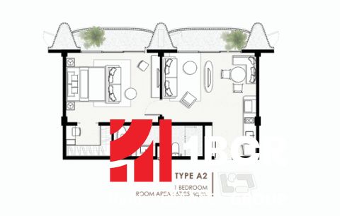 1 SPÁLŇOVÝ APARTMÁN THE CORAL KOH SAMUI - Pôdorys 2-izbového bytu s označením typu A2, vrátane obytných miestností.