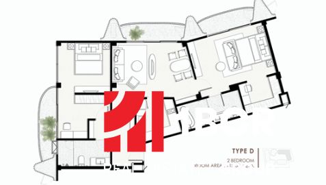 2 SPÁLŇOVÝ APARTMÁN THE CORAL KOH SAMUI - Pôdorys 3-izbového bytu s priestranným obývacím priestorom a dvoma spálňami.