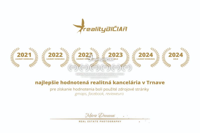 1-izbový byt v Šelpiciach s parkovacím miestom - Ocenenia pre realitnú kanceláriu RealityBičiar za roky 2021 až 2024 v Trnave.